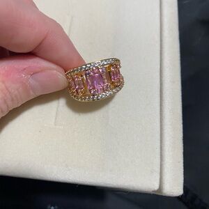 Gold Pink Crystal Baguette Band Ring - Women's Fashion Jewelry